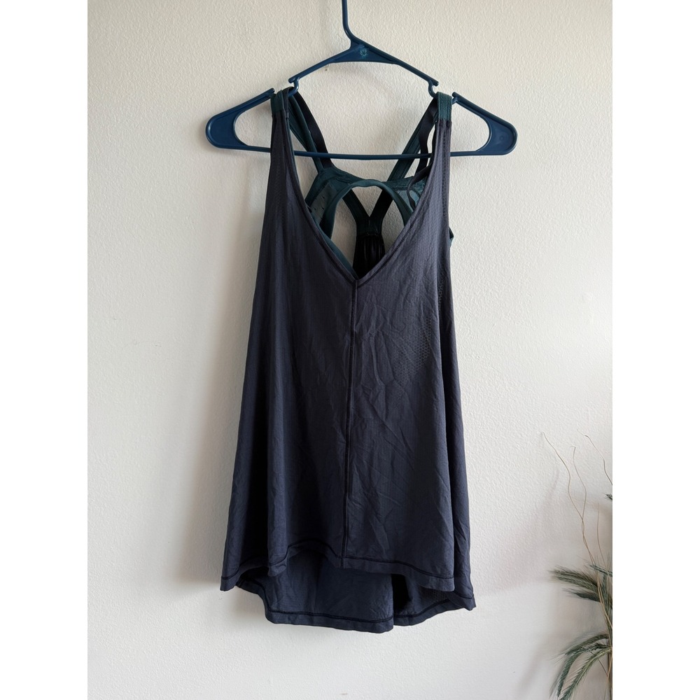 Lululemon 2-in-1 Tank Top Built-in Bra Grey Teal Strappy Back Size 6